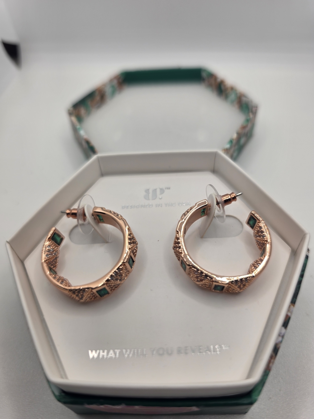 BombParty Rose Gold Hoop Earrings with Green Accents - May 2025 Bday